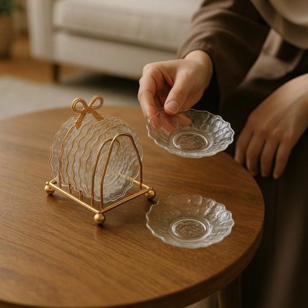 طقم /6 صحون كريستال مع ستاند ذهبي